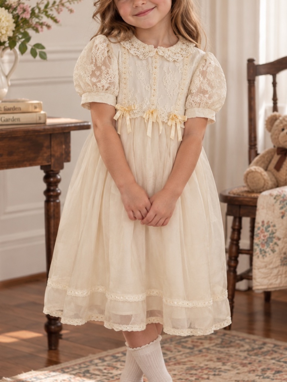 Gunne Sax Vintage Girls Ivory Lace and Satin Dress Cottegcore Victorian Formal 6